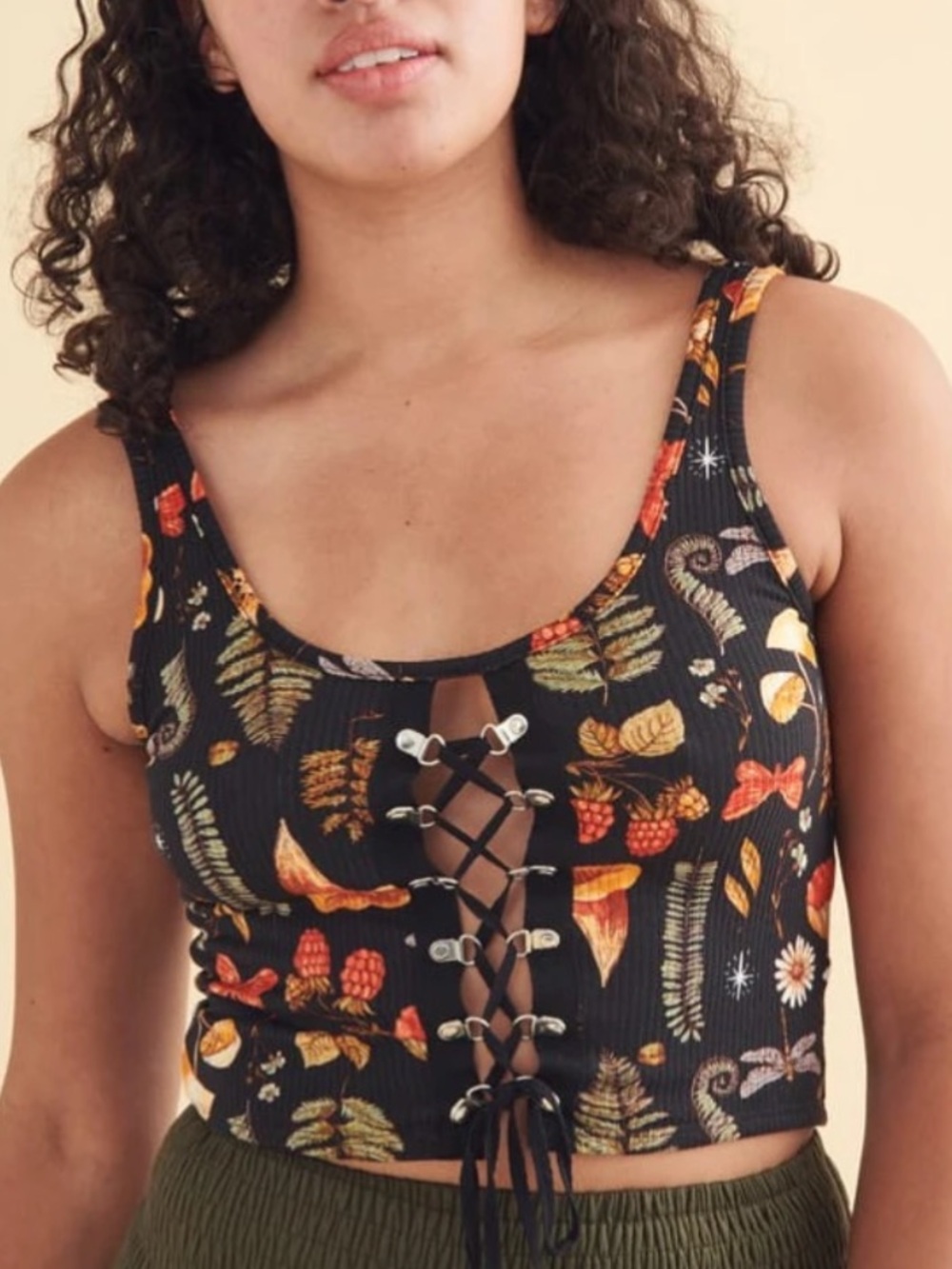Earthbound Trading Woodland Mushroom Corset Ribbed Tank Large - Picture 1 of 8